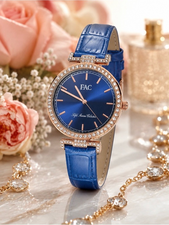 Fifth Avenue Accessories - FAC Blue Leather Watch - Swarovski Crystal Bezel in Rose Gold